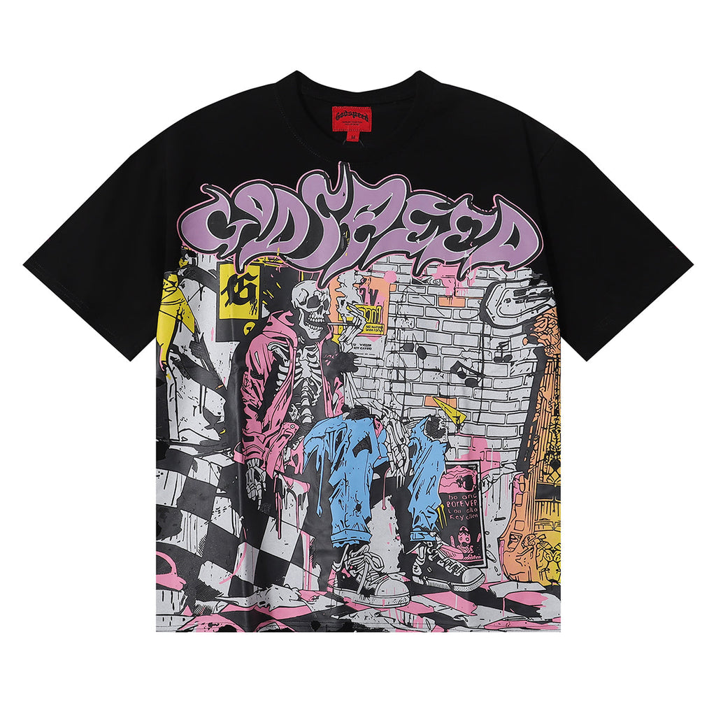 Godspeed T-shirts Graffiti Wall Skull Artist Printing Cotton Casual Short Sleeves Men and Women