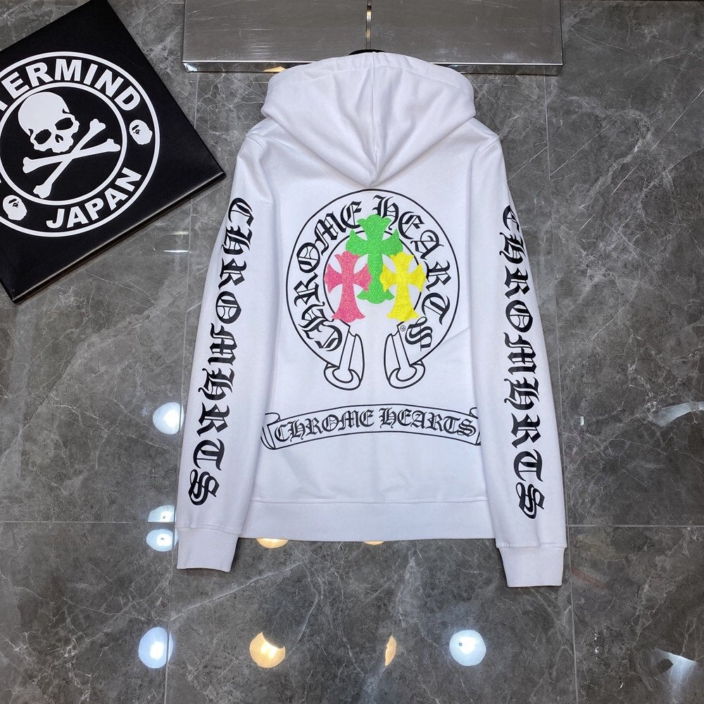 Chrome Heart Hoodie Color Sanskrit Cross Print Casual Hooded Sweater