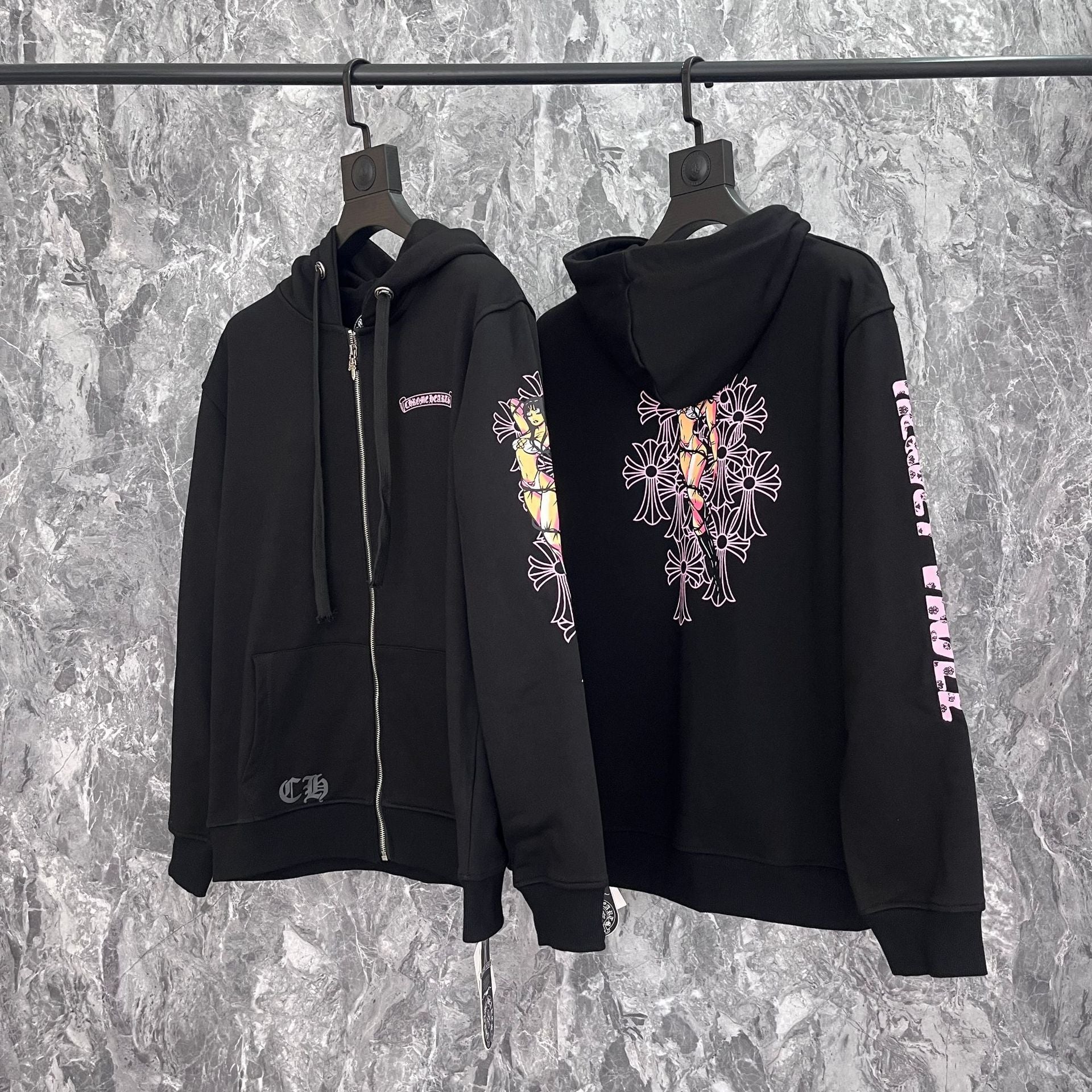 Chrome Heart Hoodie Cross, hooded zip-up cardigan sweater jacket